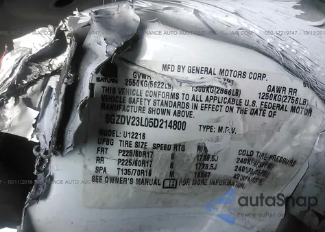 2005 Saturn Relay 3 z USA, uszkodzony, nr VIN 5GZDV23L05D214800